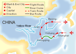 Tour Map of China Yangtze River Cruise Tour, China Tour Map